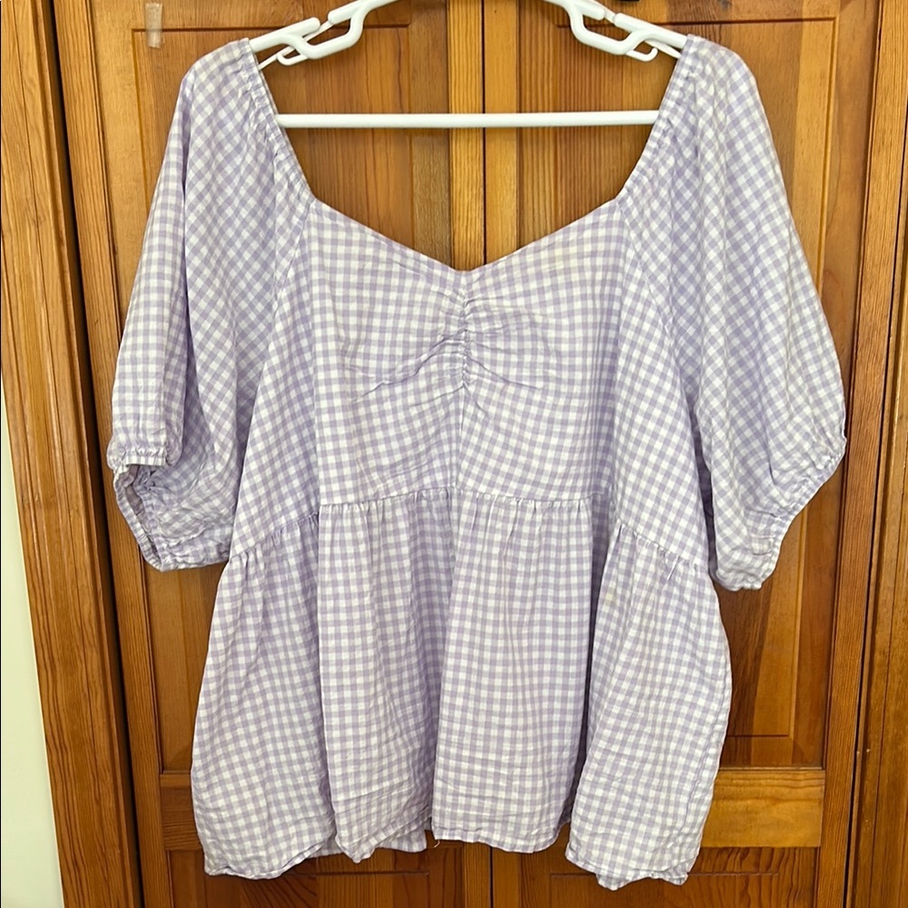 Terra & Sky Purple Gingham Blouse Plus 4X (28-30) EUC Puff Sleeve Cotton Top